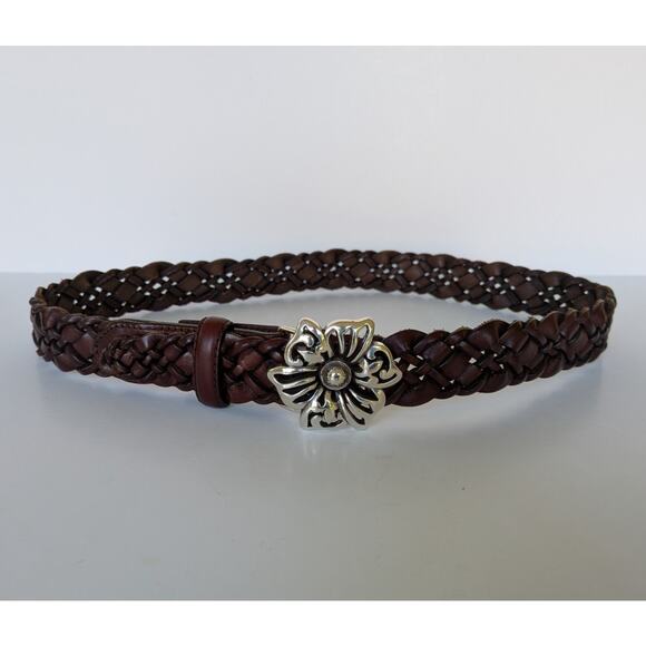 Brighton Accessories - Brighton Dark Brown Braided Leather Belt Women's 32 Silver Flower Buckle S/M